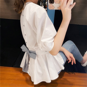设计感后背系带蝴蝶结白衬衫女春夏装新款韩版气质修身短袖上衣服