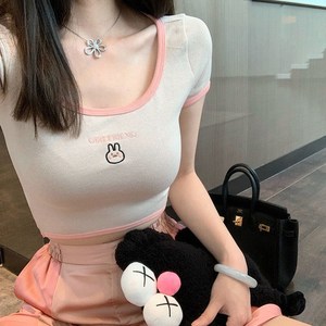 网红直播衣服女主播上镜超仙清纯显胸法式锁骨上衣白色紧身短t恤