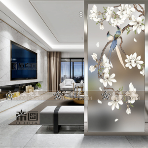 定制钢化艺术玻璃客厅餐厅屏风隔断家装现代玄关背景墙磨砂玉兰花