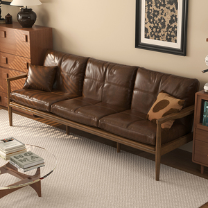 美式复古真皮实木沙发客厅小户型冬夏两用简约直排三人位皮艺沙发