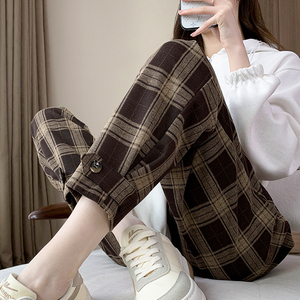格子哈伦裤女春秋2021年新款咖啡色束脚裤子小个子休闲老爹萝卜裤