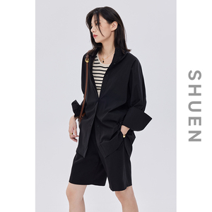 立领蝙蝠袖前短后长韩版拼接中长款宽松黑色长袖衬衫女设计感小众