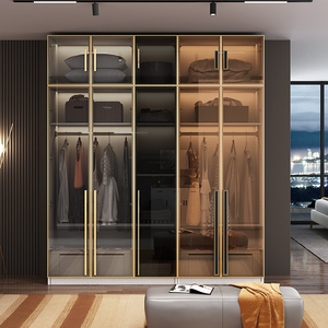 极简轻奢钢化玻璃衣柜平开门窄边铝合金定制透明茶色酒柜门对开门