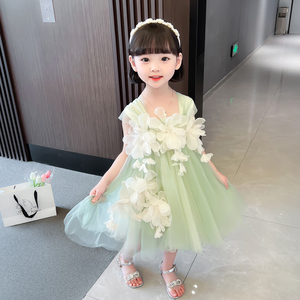 女童2023年新款夏装薄款时尚超仙儿甜美可爱女宝宝花朵仙子连衣裙
