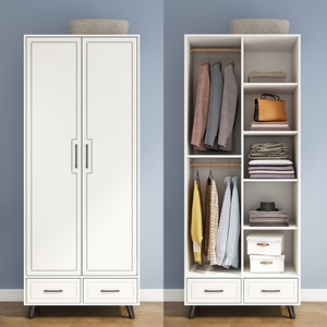 两门带抽屉小户型卧室衣柜出租房儿童家用白色宽80cm加顶柜实木脚