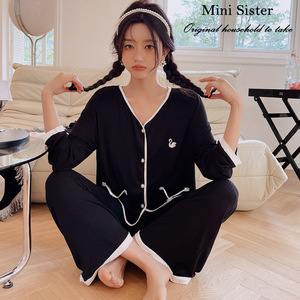 睡衣女minisister 2022春季新款 刺绣小天鹅简约休闲螺纹弹力棉士