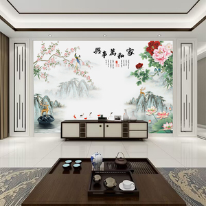 2024新中式山水壁画客厅家和万事兴电视背景墙纸壁布影视墙布壁纸