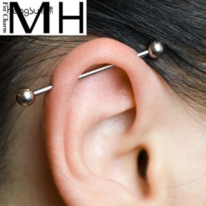 潮人钛钢特别长杆双耳洞穿刺饰品时尚耳骨钉耳桥耳钉工业杠铃耳针