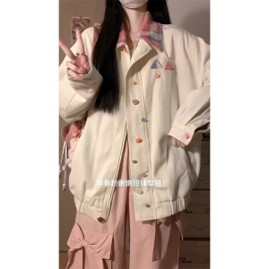 韩系甜美拼色格子翻领棒球服外套女春秋设计感小个子百搭夹克上衣