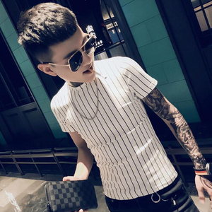条纹短袖t恤男装社会人修身网红精神小伙半袖发型师潮牌夏季丅恤