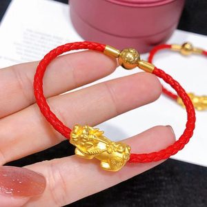 3d硬金黄金貔貅手串999足金麒麟转运珠男女情侣款皮绳手链手镯子