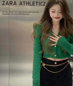 YT&UR春季复古绿色短款毛衣V领高腰针织开衫外套女WV02R9DN2000