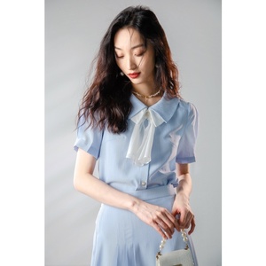 安妮陈【海盐汽水】蓝色格纹领结短袖衬衫半裙小个子夏季时尚套装