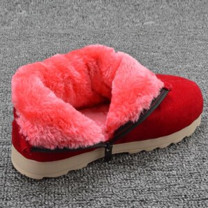 简约加厚棉鞋女木地板纯加厚加绒中老年红色休闲毛绒底手工绒泡沫