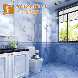 蓝色格子卫生间瓷砖 地中海阳台仿古砖300x300厨房墙砖洗手间地砖