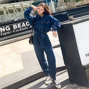 复古港风牛仔连体裤女2019春季新款宽松休闲显瘦高腰工装连衣裤潮
