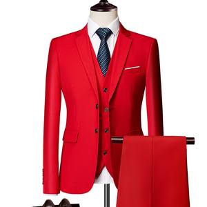 男士商务休闲职业正装西装套装白色修身西服外套红色演出服三件套