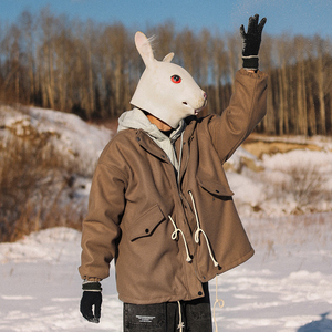 兔先森潮牌秋冬季日系复古棉衣男工装连帽毛呢棉服加厚假两件外套