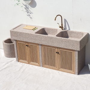 户外整石材大理石台盆石头一体花岗岩洗手盆庭院室外洗菜台双水槽