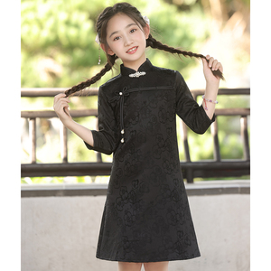 女童新中式旗袍改良黑色复古民国高级礼服儿童走秀演出国风公主裙