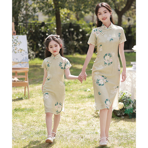 亲子装旗袍复古中国风母女连衣裙女童妈妈夏季薄款改良儿童演出服