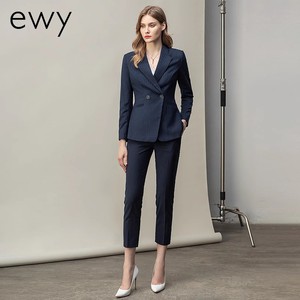 时尚藏青色条纹职业套装女高端气质商务总裁西装正装修身工作服