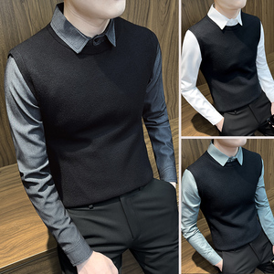 假两件套衬衫叠穿内搭毛衣男士春季商务高级感拼接长袖衬衣针织衫