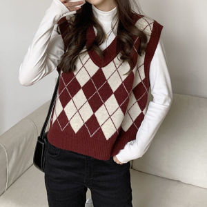 秋冬款复古背心双色菱形v领针织马甲女修身显瘦外穿无袖毛衣坎肩