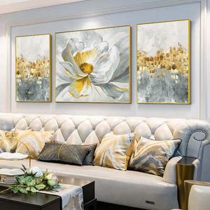 三联牡丹手绘油画沙发背墙装饰画高级感客厅挂画艺术轻奢简美壁画