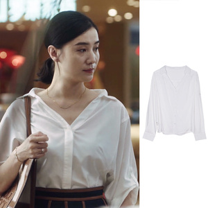 小舍得宋佳南俪同款衣服衬衫女夏短袖开衫v领白色女衬衣名媛上衣