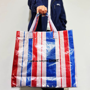 川久保玲cdg大容量编织袋红蓝彩条款手提旅行包百搭男女大托特包