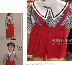 韩国中小童装夏装新款女童宝宝洋气条纹T恤红色阔腿背带裤2件套装