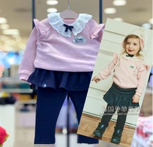 加绒韩国网红女童装冬装新款洋气时髦宝宝粉色卫衣蓝色打底裤套装