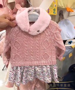 带毛领韩国中小童装冬装新款女宝宝粉色碎花裙假两件儿童毛衣裙子