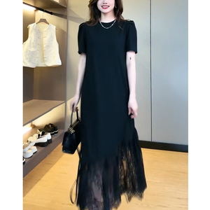 高端法式蕾丝连衣裙女2024夏季新款时尚拼接宽松显瘦休闲黑色裙子