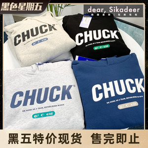 现货 韩国代购chuck简约字母连帽卫衣女ins潮牌刺绣小标帽衫薄绒