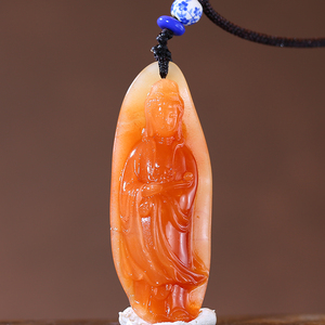 寿山石吊坠项链老性桃花芙蓉《慈航普度》观音佛牌男士平安牌挂坠
