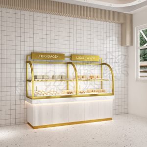 面包烘焙蛋糕店不锈钢镀钛实木烤漆大理石弧形玻璃移门边柜展示架