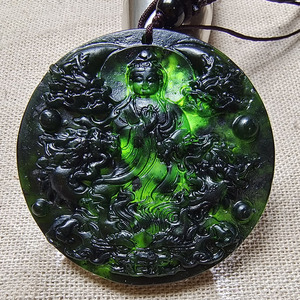正品墨绿玉九龙护主圆牌吊坠养生墨玉九龙项链双面观音平安挂件男