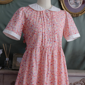 着时间手工制复古英国少女碎花laura短袖元宝领80年代蓝红连衣裙