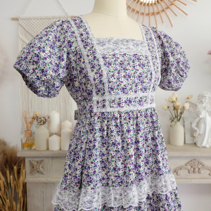 着时间小手作复古70年代古着风花边碎花长款全棉高腰泡泡袖连衣裙