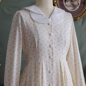 着时间手作复古昭和80年代风法式优雅古着粉色碎花奶油色连衣裙女