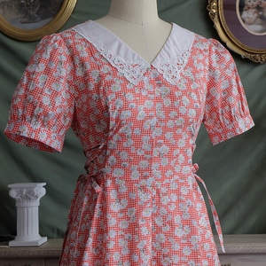 着时间90年代复古昭和风花边领雏菊短袖v领显瘦抽带全棉女连衣裙