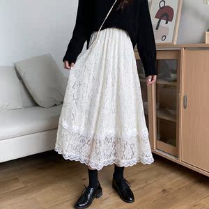 白色蕾丝半身裙女秋冬女大码女装中长款高腰a字裙设计感网纱裙子