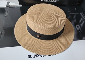日本新款女夏季法式时尚遮阳礼帽百搭平顶草帽防晒金色小蜜蜂帽子