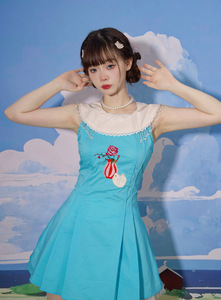 【玉壶】新中式少女连衣裙可爱无袖兔子刺绣珠链修身收腰显瘦