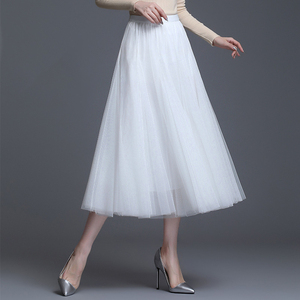 网纱裙女半身裙春秋高腰中长款纱裙垂感显瘦百褶裙a字蓬蓬裙超仙