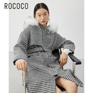 ROCOCO冬季通勤宽松连帽呢子大衣女长款过膝毛呢外套