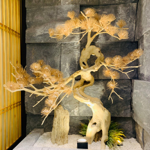 大型仿真迎客松雪松马尾松会所商场装饰树摆件高端松树实木雕刻树