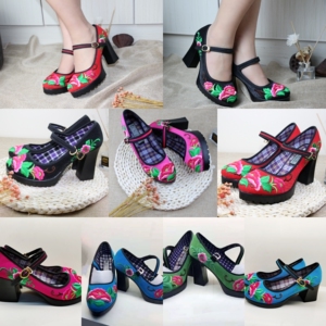 苗族中式高跟绣花布鞋民族风古风刺绣舞鞋酒店礼仪表演鞋广场舞鞋